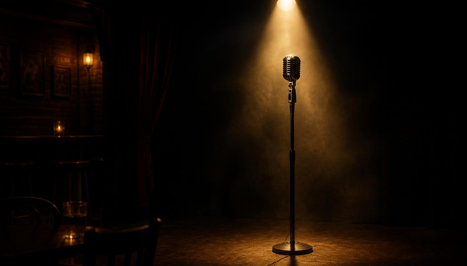 A vintage microphone lit by a gold spotlight on a dark pub stage